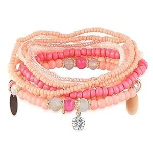 Pink, Coral and Cream Beaded Charm Bracelet Stack Set